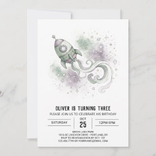 Sage Green Space Rocket Birthday Invitation