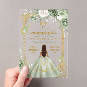 Sage Green Spanish Gold 15 Años Princess Birthday Acrylic Invitations