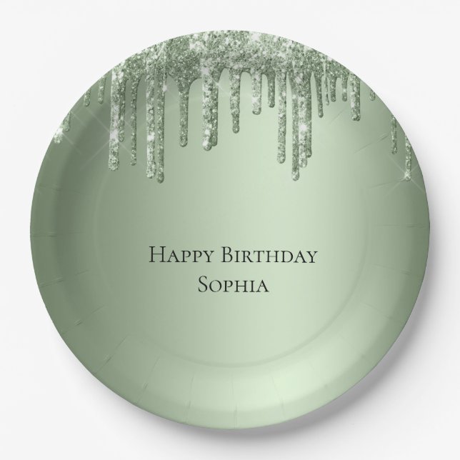 Sage Green Sparkle Glitter Drips Birthday Paper Plate (Front)