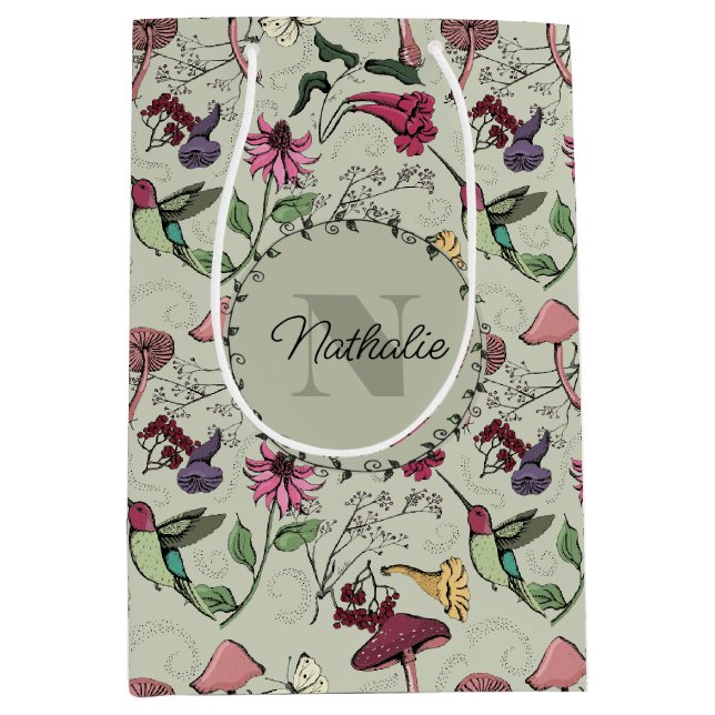 Sage Green Spring Garden Hummingbird Floral Medium Gift Bag (Front)