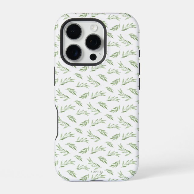 Sage Green Spring Leaves Personalised Name iPhone Case (Back)