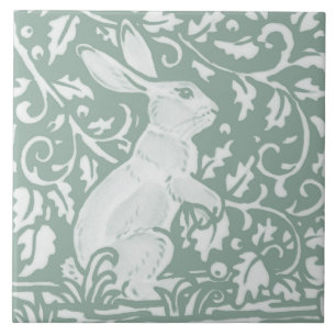 Sage Green Standing Rabbit Intricate Forest Floral Tile