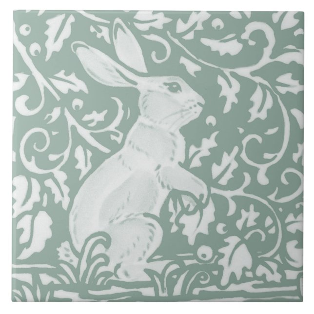 Sage Green Standing Rabbit Intricate Forest Floral Tile (Front)