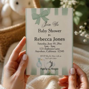 Sage Green Stork Baby Shower Neutral Invitation