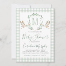 Sage Green Stork Baby Shower Preppy Gingham