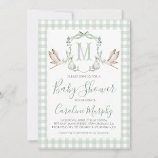 Sage Green Stork Baby Shower Preppy Gingham Invitation