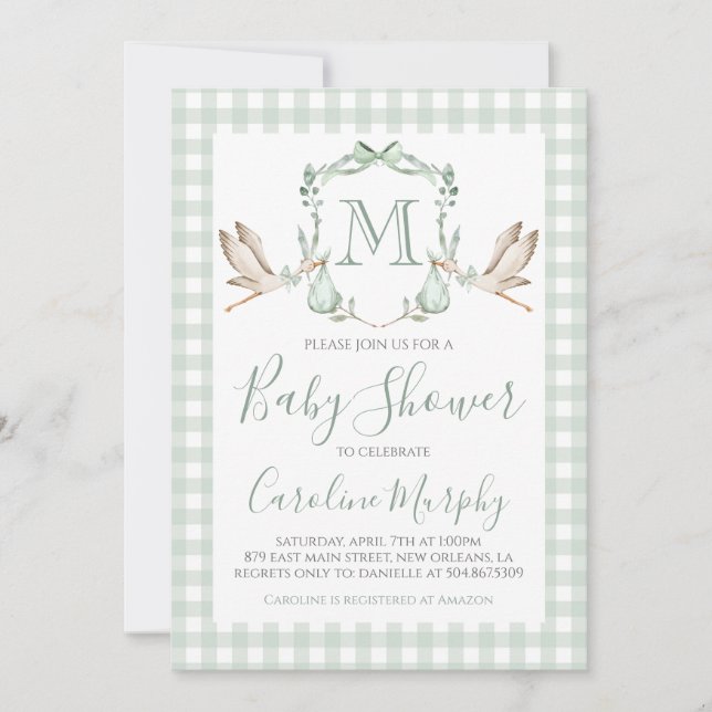 Sage Green Stork Baby Shower Preppy Gingham Invitation (Front)
