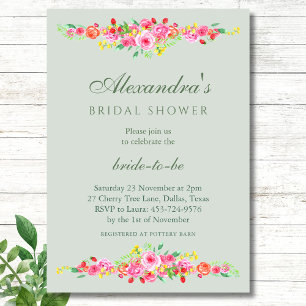 Sage Green Strawberry Pink Peony Bridal Shower Invitation