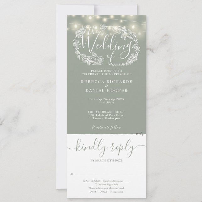 Sage Green String Lights All In One Wedding Invitation (Front)