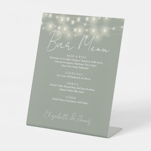 Sage Green String Lights Elegant Script Bar Menu Pedestal Sign (Front)