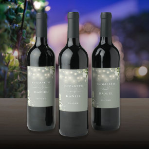 Sage Green String Lights Floral Greenery Wedding Wine Label