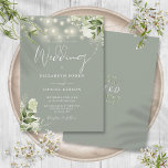 Sage Green String Lights Floral Monogram Wedding Invitation<br><div class="desc">This elegant sage green wedding invitation features pretty string lights and floral greenery and can be personalised with your information in chic typography with your monogram initials on the reverse. Designed by Thisisnotme©</div>
