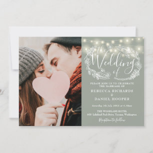Sage Green String Lights Floral Photo Wedding Invitation