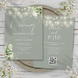 Sage Green String Lights Floral QR Code Wedding Invitation<br><div class="desc">This elegant sage green wedding invitation,  featuring pretty string lights and floral greenery,  can be personalised with your information in chic typography with your wedding website details and your QR code on the reverse. Designed by Thisisnotme©</div>