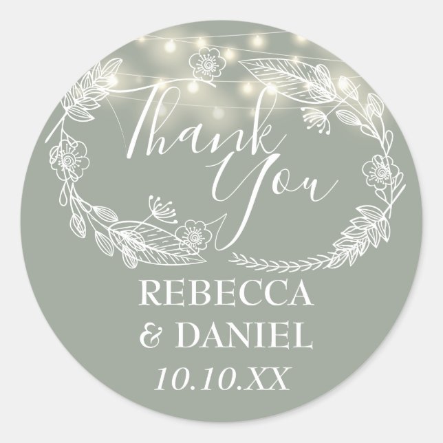 Sage Green String Lights Floral Thank You Classic Round Sticker (Front)