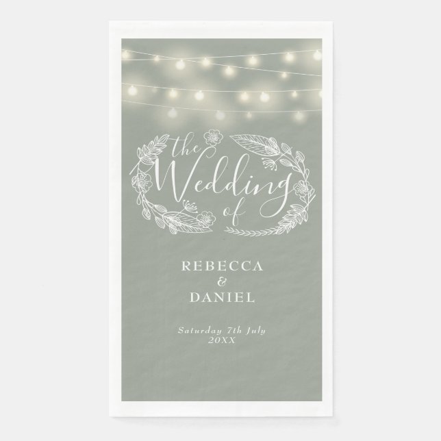 Sage Green String Lights Floral Wedding Napkin (Front)