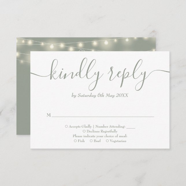 Sage Green String Lights Floral Wedding RSVP Card (Front/Back)