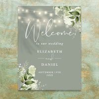 Sage Green String Lights Floral Wedding Welcome