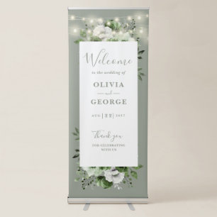 Sage Green String Lights Floral Wedding Welcome Retractable Banner