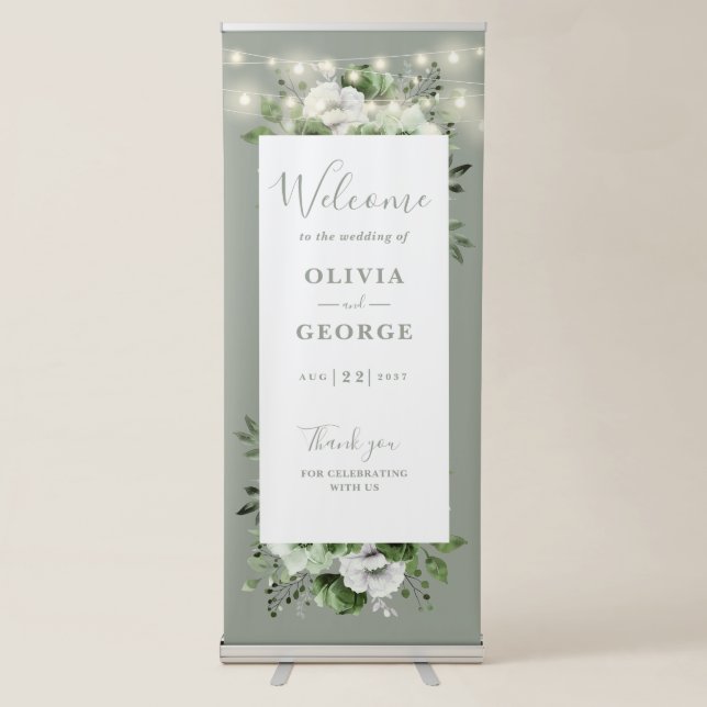 Sage Green String Lights Floral Wedding Welcome Retractable Banner (Front)