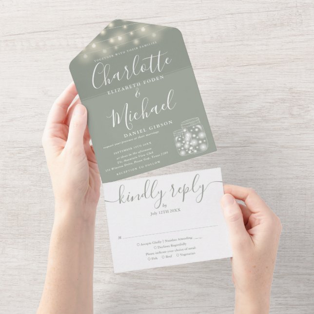 Sage Green String Lights Mason Jars Wedding All In One Invitation (Tearaway)