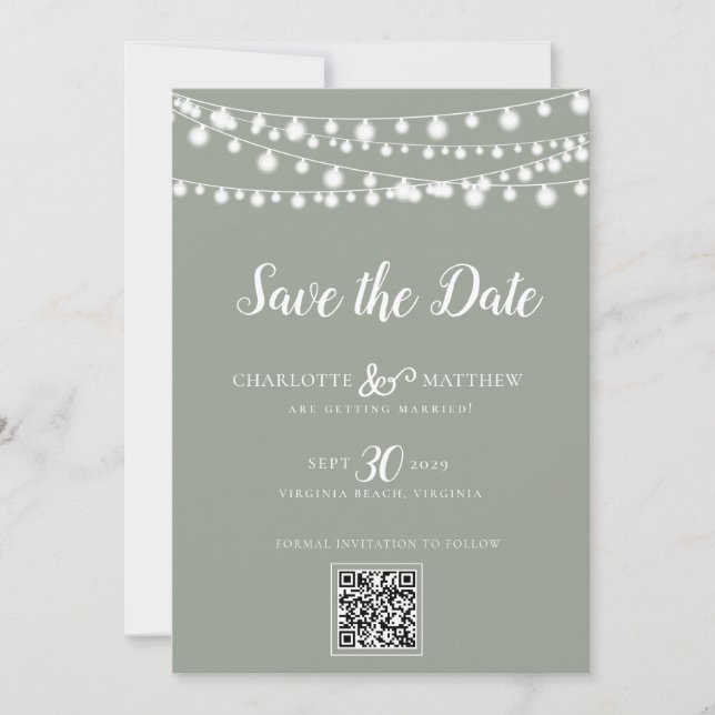 Sage Green String Lights Modern Script Save the Save The Date (Front)
