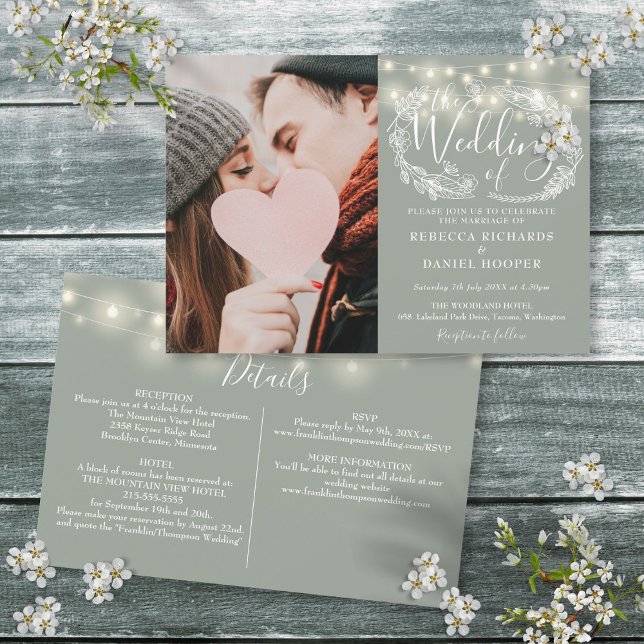Sage Green String Lights Photo All In One Wedding Invitation (Sage Green String Lights Photo All In One Wedding Invitation)