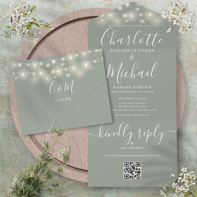 Sage Green String Lights QR Code Monogram Wedding  All In One Invitation (Sage Green String Lights QR Code Monogram Wedding All In One Invitation)