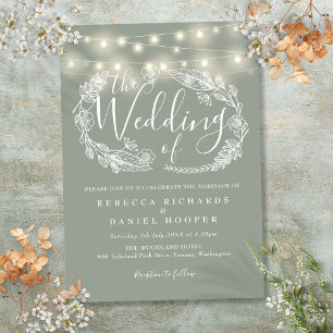 Sage Green String Lights Script Wedding Invitation