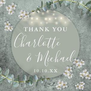 Sage Green String Lights Wedding Favour Thank You  Classic Round Sticker