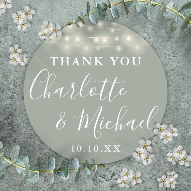 Sage Green String Lights Wedding Favour Thank You  Classic Round Sticker (Sage Green String Lights Wedding Favor Thank You Classic Round Sticker)