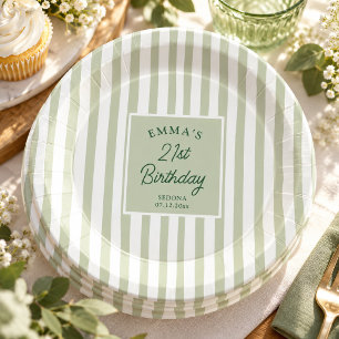 Sage Green Stripe 21st Birthday Coastal Chic Paper Plate