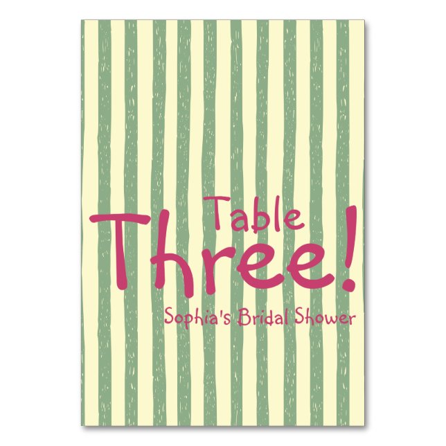 Sage Green Stripe Bridal Shower Table Number (Front)