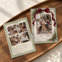 Sage Green Stripe Burgundy Bow Christmas Photo