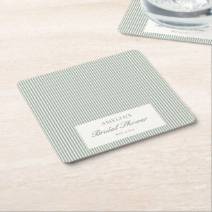 Sage Green Stripe Custom Classic Bridal Shower Square Paper Coaster