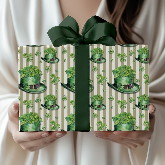 Sage Green Stripe Cute Clover Hat St. Patrick Day Wrapping Paper (Creator Uploaded)