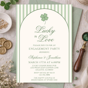 Sage Green Stripe Lucky in Love Engagement Party Invitation