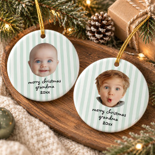 Sage Green Stripe Merry Christmas Grandma Photo Ceramic Tree Decoration