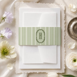 Sage Green Stripe Monogram Crest Wedding Invitation Belly Band