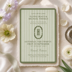 Sage Green Stripe Monogram Wedding Invitation