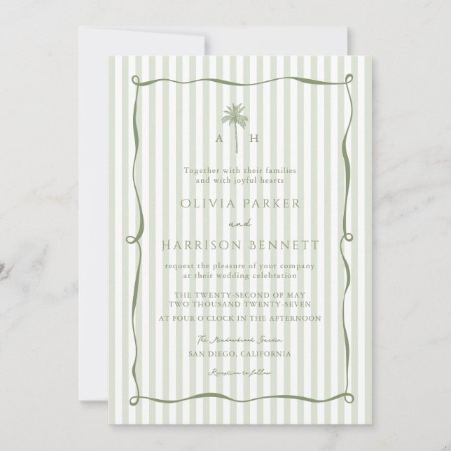Sage Green Stripe Palm Tree Wedding Invitation (Front)