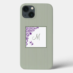 Sage Green Stripe Purple Floral Script Monogram iPhone 13 Case