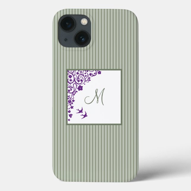 Sage Green Stripe Purple Floral Script Monogram Case-Mate iPhone Case (Back)