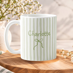 Sage Green Striped Bow Coquette Personalised Name Coffee Mug