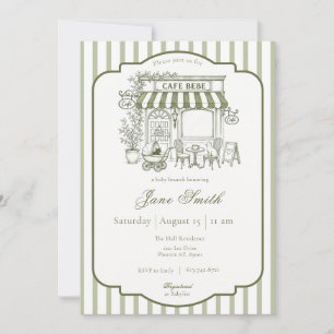 Sage Green Striped Cafe Bebe Baby Shower Invitation