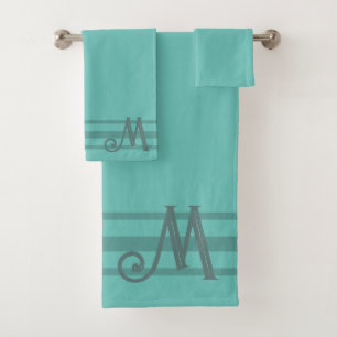Sage Green Striped Custom Monogram Bath Towel Set