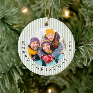 Sage Green Striped Family Photo Christmas Keepsake Ceramic Tree Decoration