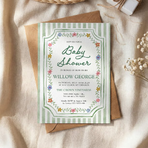 Sage Green Striped Floral Baby Shower Invitation