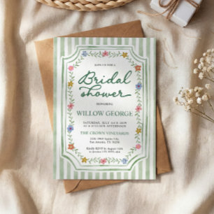 Sage Green Striped Floral Bridal Shower Invitation
