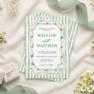 Sage Green Striped Floral Wedding Invitation